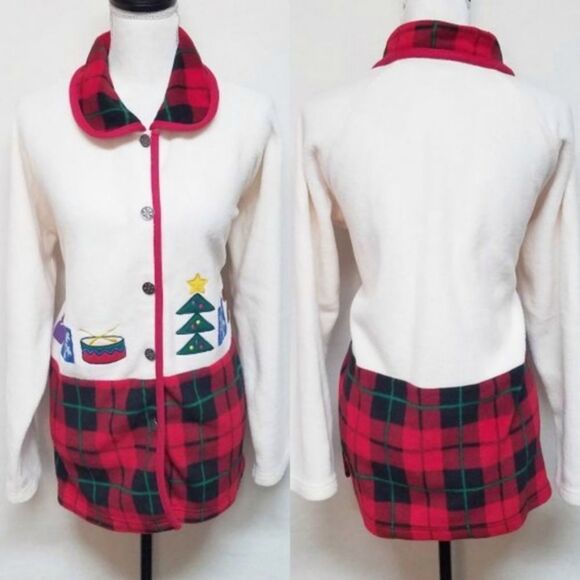 VINTAGE 90s Renee M Tartan Plaid Fleece Snowflake Button Up Christmas Sweater - Picture 1 of 14